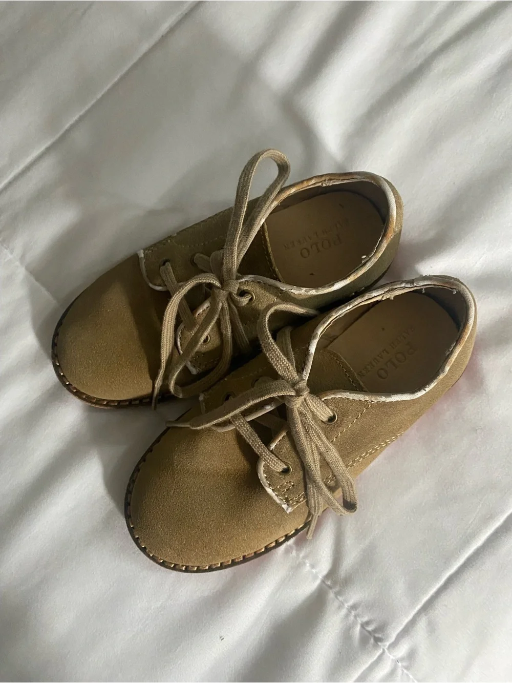 Polo by Ralph Lauren Boys Tan Suede Lace-Up Dress Shoes with Red Rubber Sole